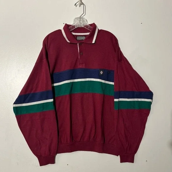 Members Only Vintage Mens Large Long Sleeve Polo Shirt Maroon Colorblock Stripe - Picture 1 of 8